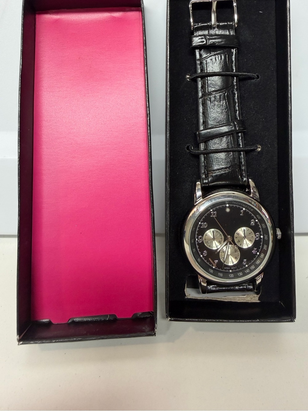 Avon Men's Genuine Diamond Accent Watch – Black Leather & Silver Tone